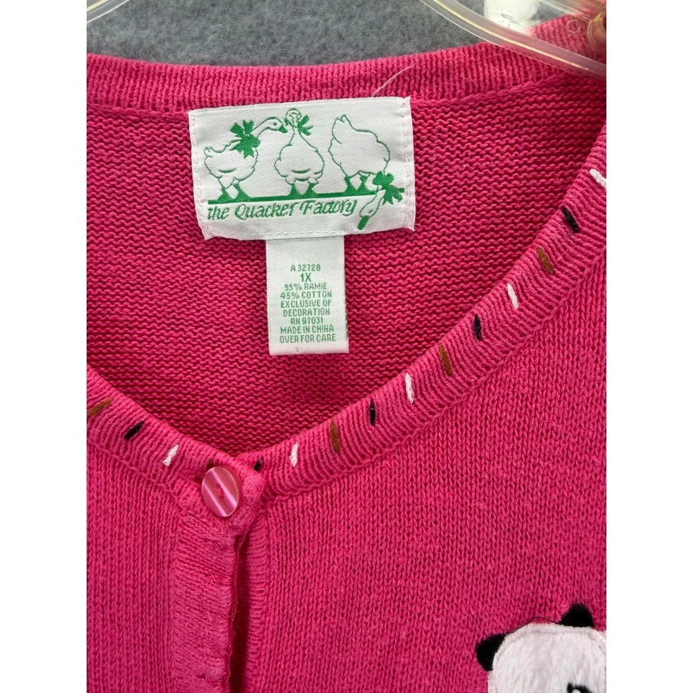 Quacker Factory Panda Cardigan 1X Pink Embroidered Applique Ramie